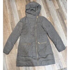 Bebe Gray Puffer Coat Gold Zipper Quilted Hooded Mid-Length Jacket S/P